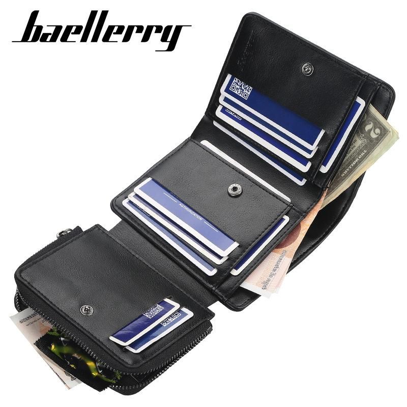 Billeteras nuevas de cuero con cremallera para hombre tarjetero de diseno corto monedero Vintage -Black