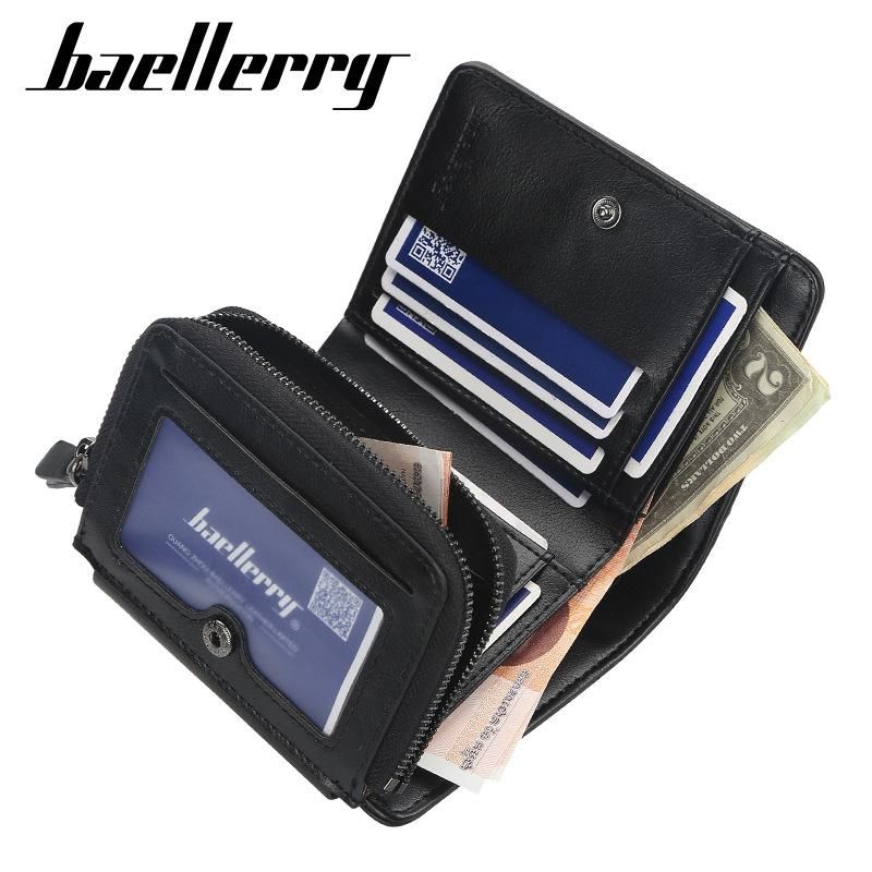 Billeteras nuevas de cuero con cremallera para hombre tarjetero de diseno corto monedero Vintage -Black