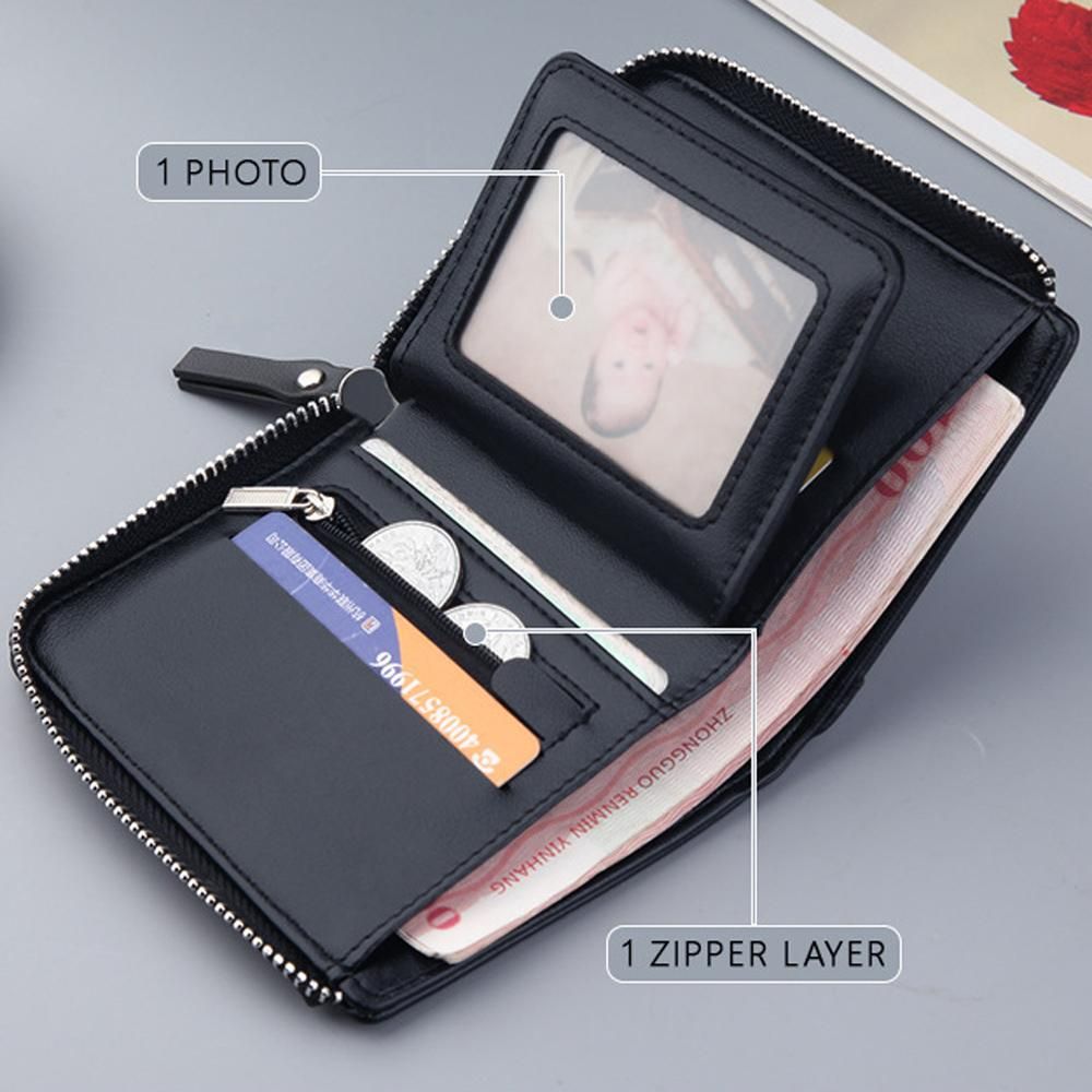 Billeteras nuevas de cuero con cremallera para hombre tarjetero de diseno corto monedero Vintage -Black