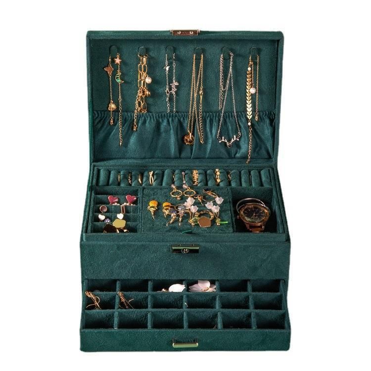 Dark green velvet single double three layer jewelry box jewelry storage box earrings necklace bracelet jewelry dustproof storage box Three-layer model 24*17*11 number 1