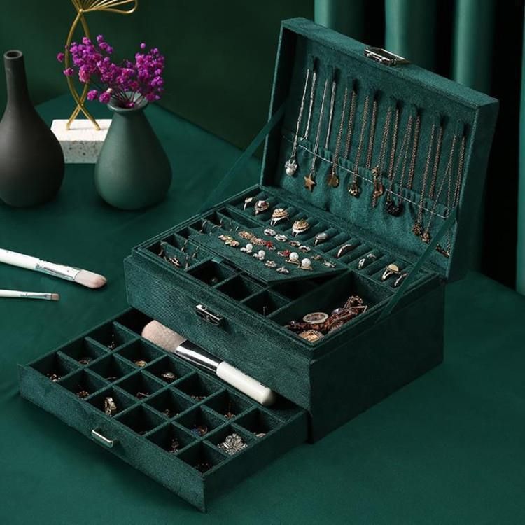 Dark green velvet single double three layer jewelry box jewelry storage box earrings necklace bracelet jewelry dustproof storage box Three-layer model 24*17*11 number 1