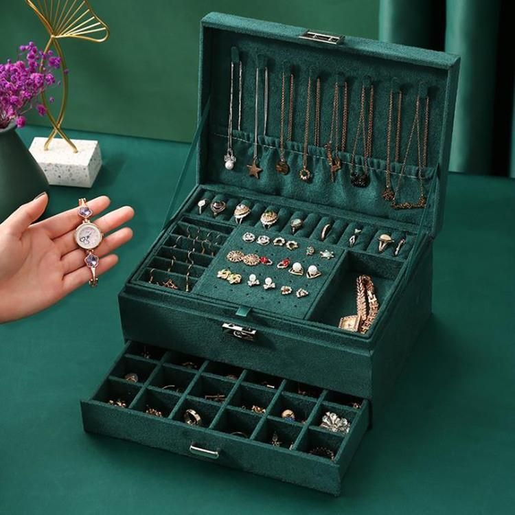 Dark green velvet single double three layer jewelry box jewelry storage box earrings necklace bracelet jewelry dustproof storage box Three-layer model 24*17*11 number 1