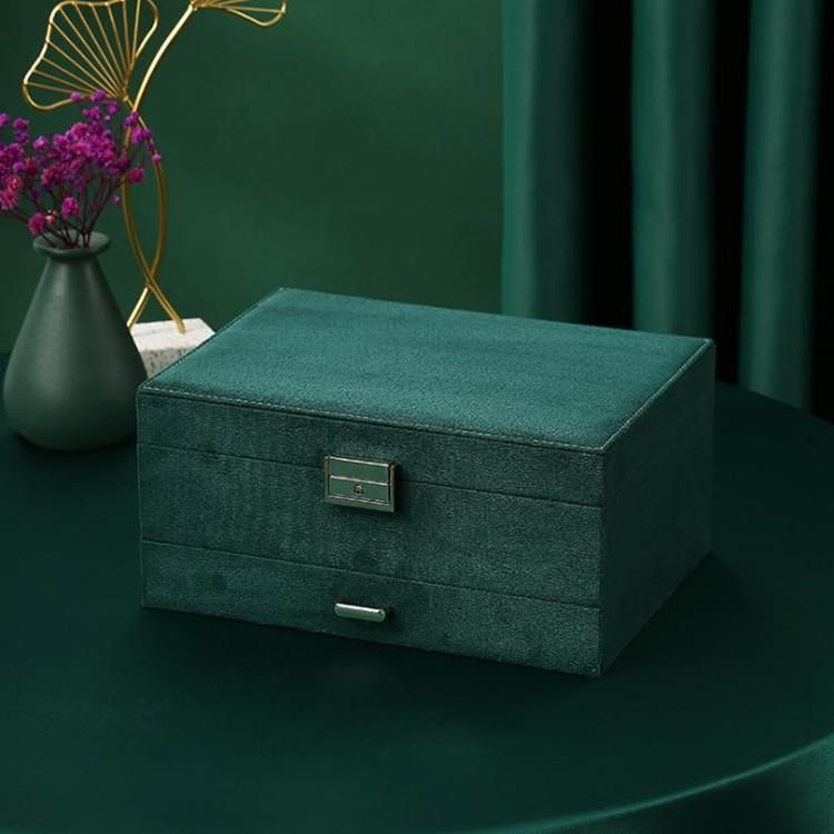 Dark green velvet single double three layer jewelry box jewelry storage box earrings necklace bracelet jewelry dustproof storage box Three-layer model 24*17*11 number 1