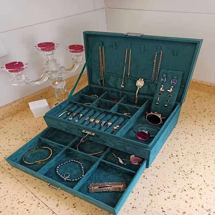 Dark green velvet single double three layer jewelry box jewelry storage box earrings necklace bracelet jewelry dustproof storage box Three-layer model 24*17*11 number 1