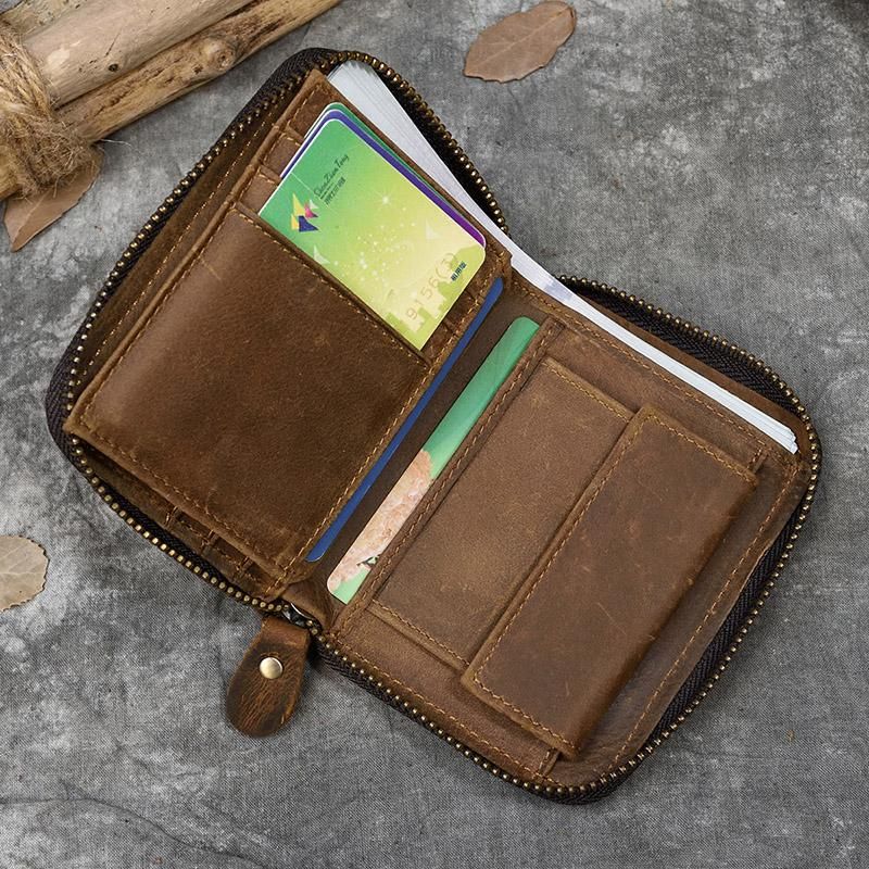 Crazy horse-monedero pequeno de cuero genuino para hombre y mujer monedero pequeno con cierre de cremallera-Design2-Horizontal