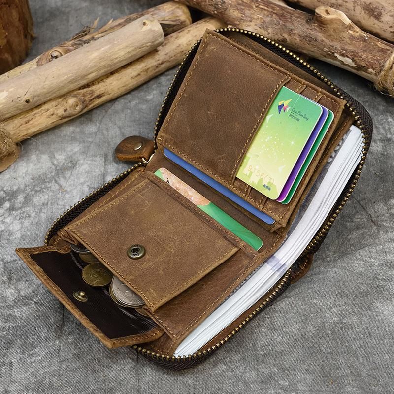 Crazy horse-monedero pequeno de cuero genuino para hombre y mujer monedero pequeno con cierre de cremallera-Design2-Horizontal