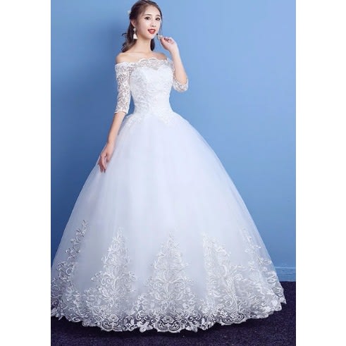 Half Sleeve Boat Neck Lace Wedding Dress - Off The Shoulder