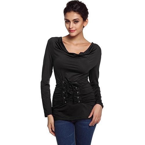Stylish Ladies Round Neck Long Sleeve Slim Ruched Drape Outwear Casual Top Blouse-Black