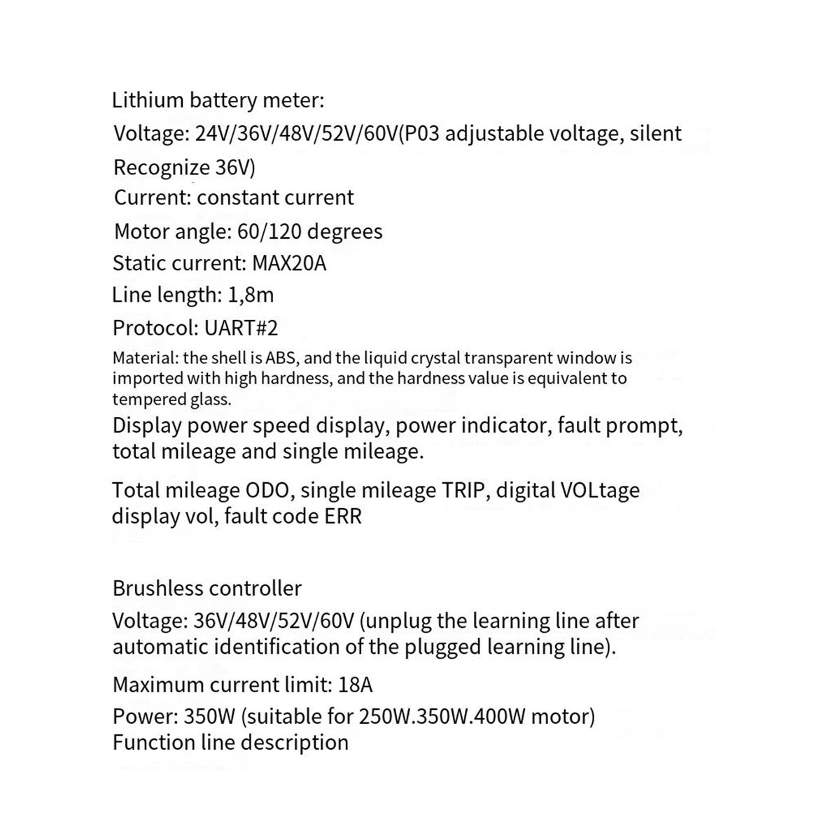 36V 48V 52V 60V 350W 18A Brushless DC Motor Controller