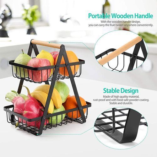 Portable Bread Basket Detachable 2-tier Fruit Holder Storage Black