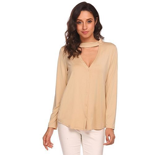 Women Long Sleeve Choker V Neck Front Button Cardigan V Back Solid Slim Blouse ( Khaki )