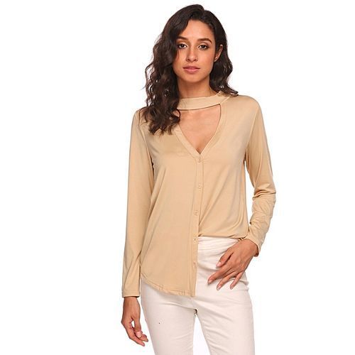 Women Long Sleeve Choker V Neck Front Button Cardigan V Back Solid Slim Blouse ( Khaki )