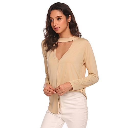 Women Long Sleeve Choker V Neck Front Button Cardigan V Back Solid Slim Blouse ( Khaki )