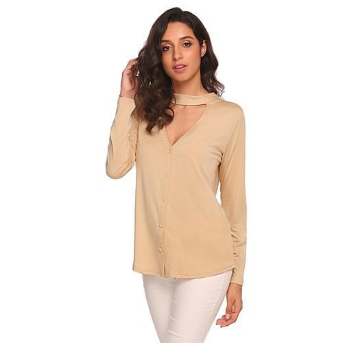 Women Long Sleeve Choker V Neck Front Button Cardigan V Back Solid Slim Blouse ( Khaki )