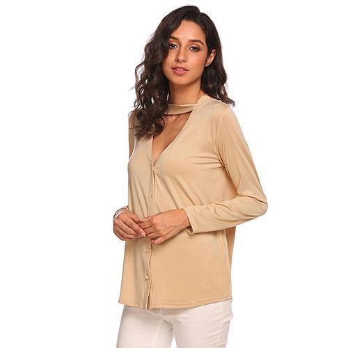 Women Long Sleeve Choker V Neck Front Button Cardigan V Back Solid Slim Blouse ( Khaki )