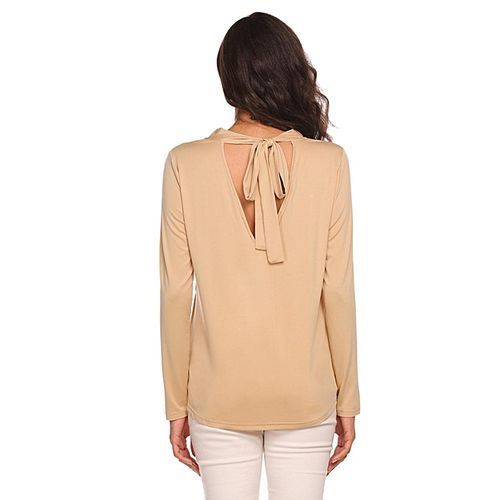 Women Long Sleeve Choker V Neck Front Button Cardigan V Back Solid Slim Blouse ( Khaki )