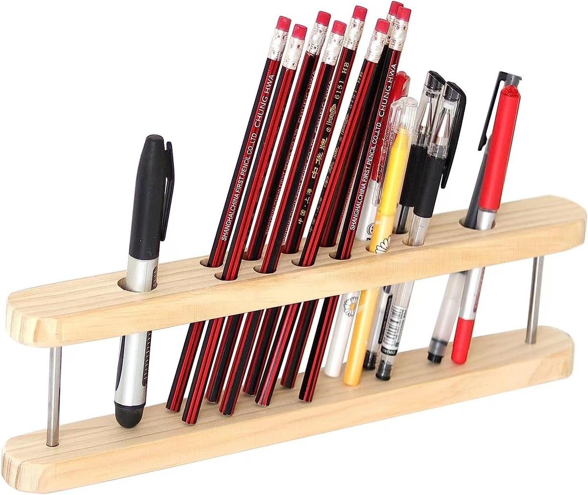Makeup Brush Display Stand Student Desktop Pencil Storage Rack Porous Steel Frame Office Supplies Rack Solid Wood Pen Holder
