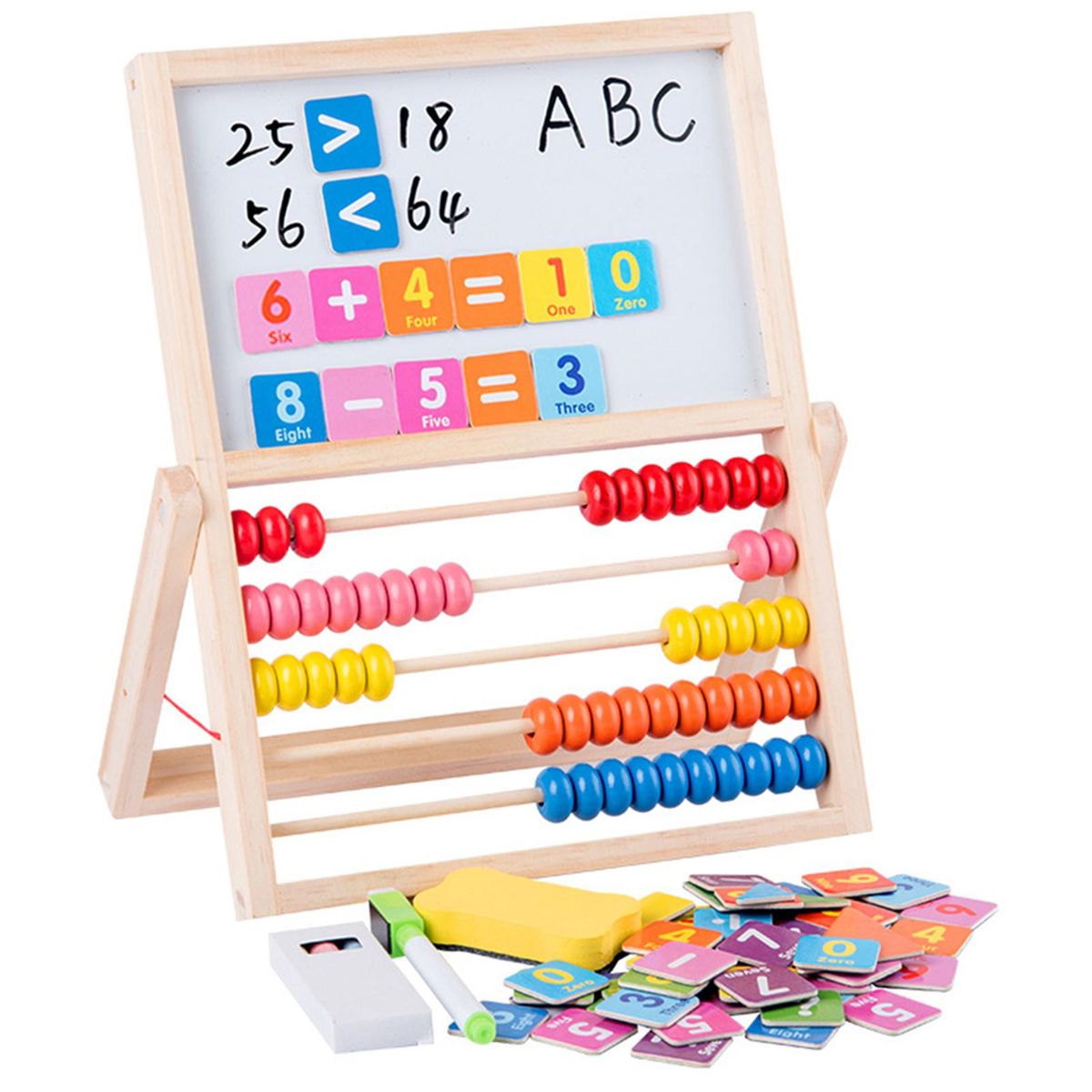 Multi-Functional Wooden Abacus Tool with Double-Sided Drawing Board Seven-Piece Puzzle for Kids Toddlers Preschoolers