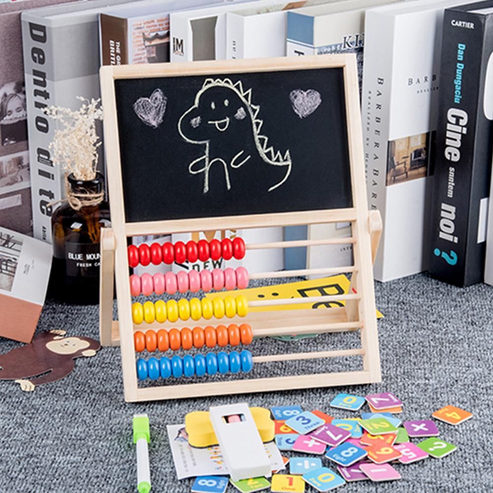 Multi-Functional Wooden Abacus Tool with Double-Sided Drawing Board Seven-Piece Puzzle for Kids Toddlers Preschoolers