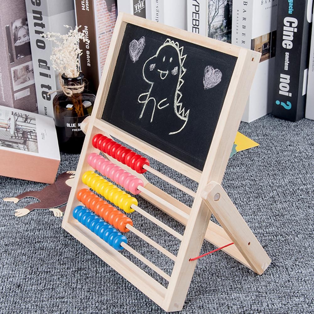 Multi-Functional Wooden Abacus Tool with Double-Sided Drawing Board Seven-Piece Puzzle for Kids Toddlers Preschoolers