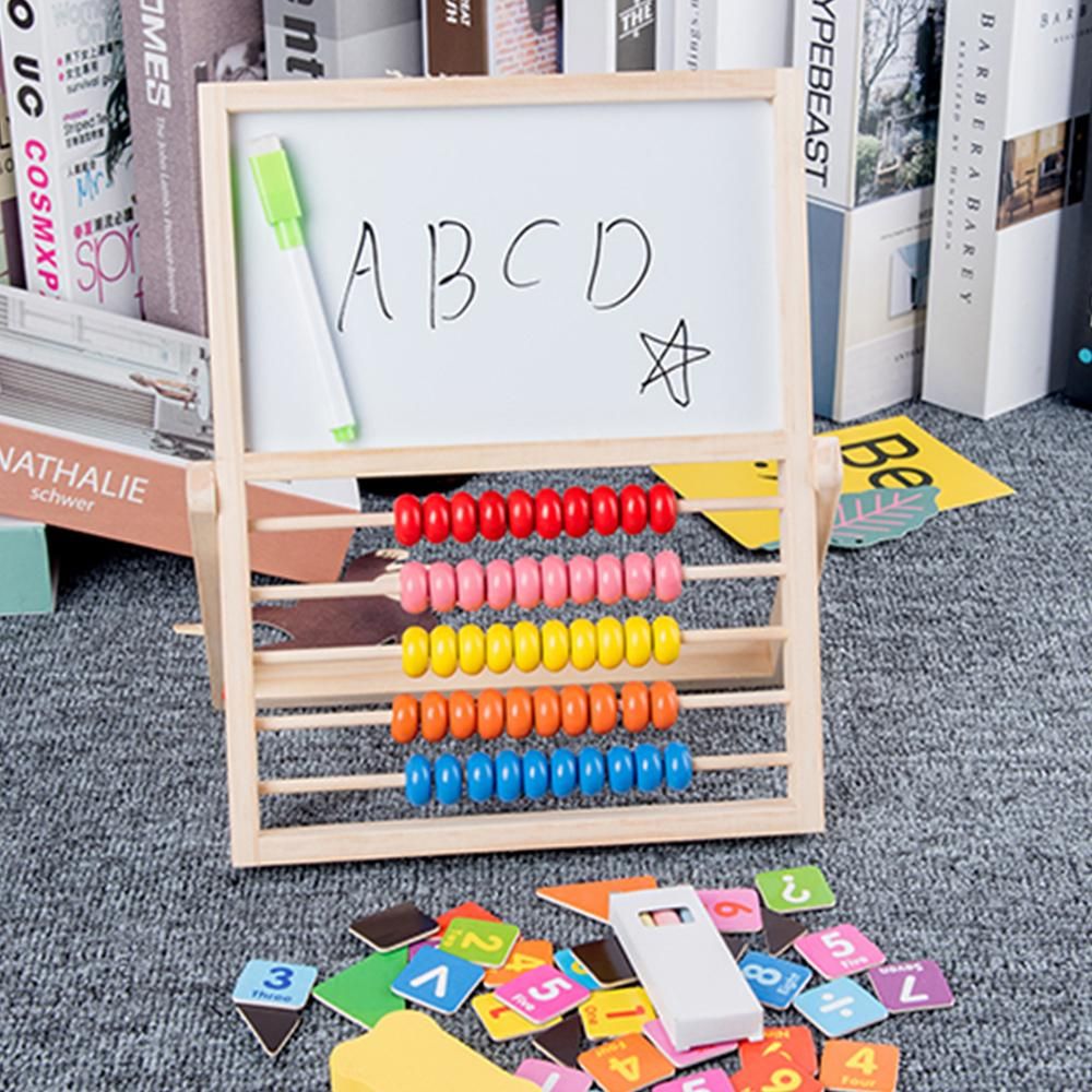 Multi-Functional Wooden Abacus Tool with Double-Sided Drawing Board Seven-Piece Puzzle for Kids Toddlers Preschoolers