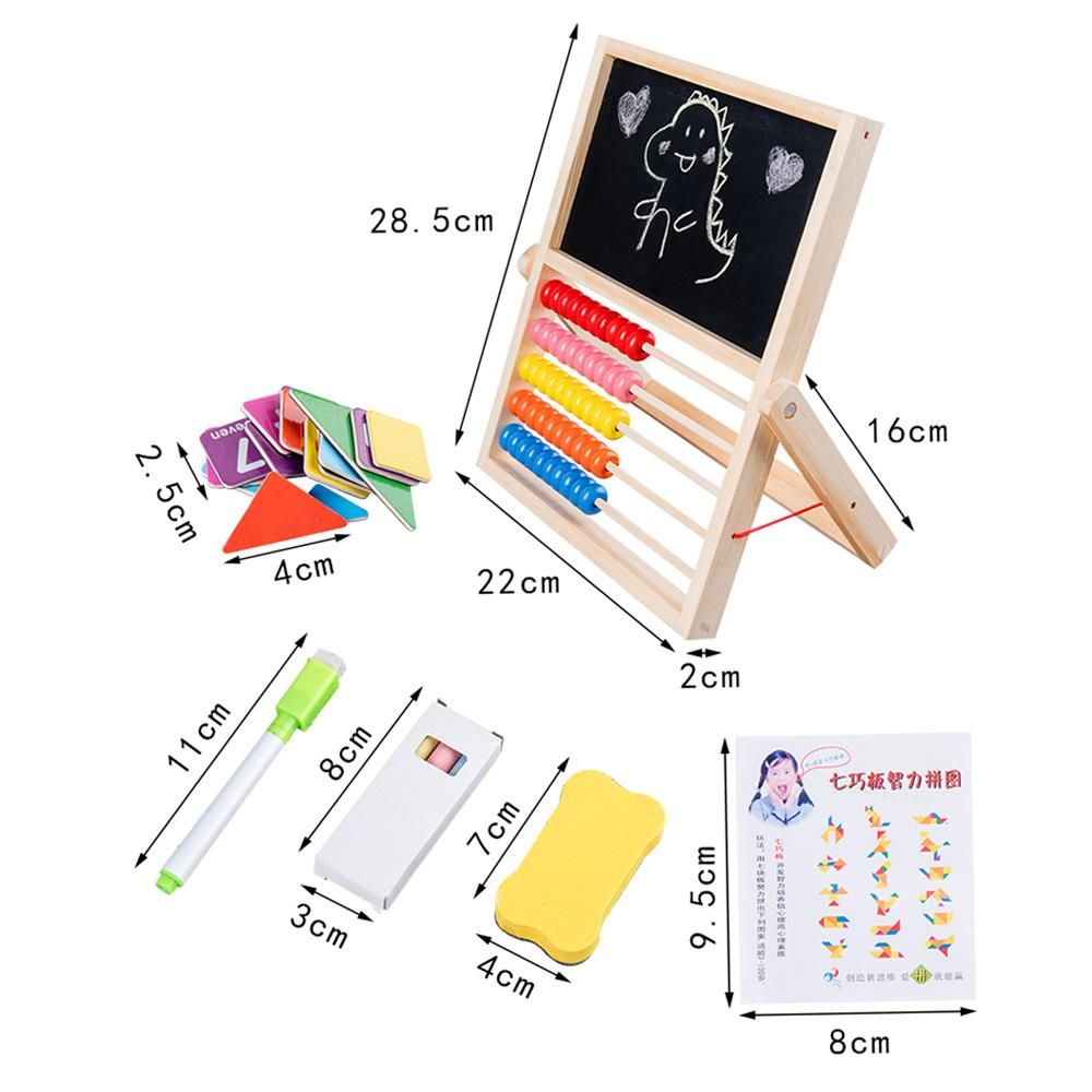 Multi-Functional Wooden Abacus Tool with Double-Sided Drawing Board Seven-Piece Puzzle for Kids Toddlers Preschoolers