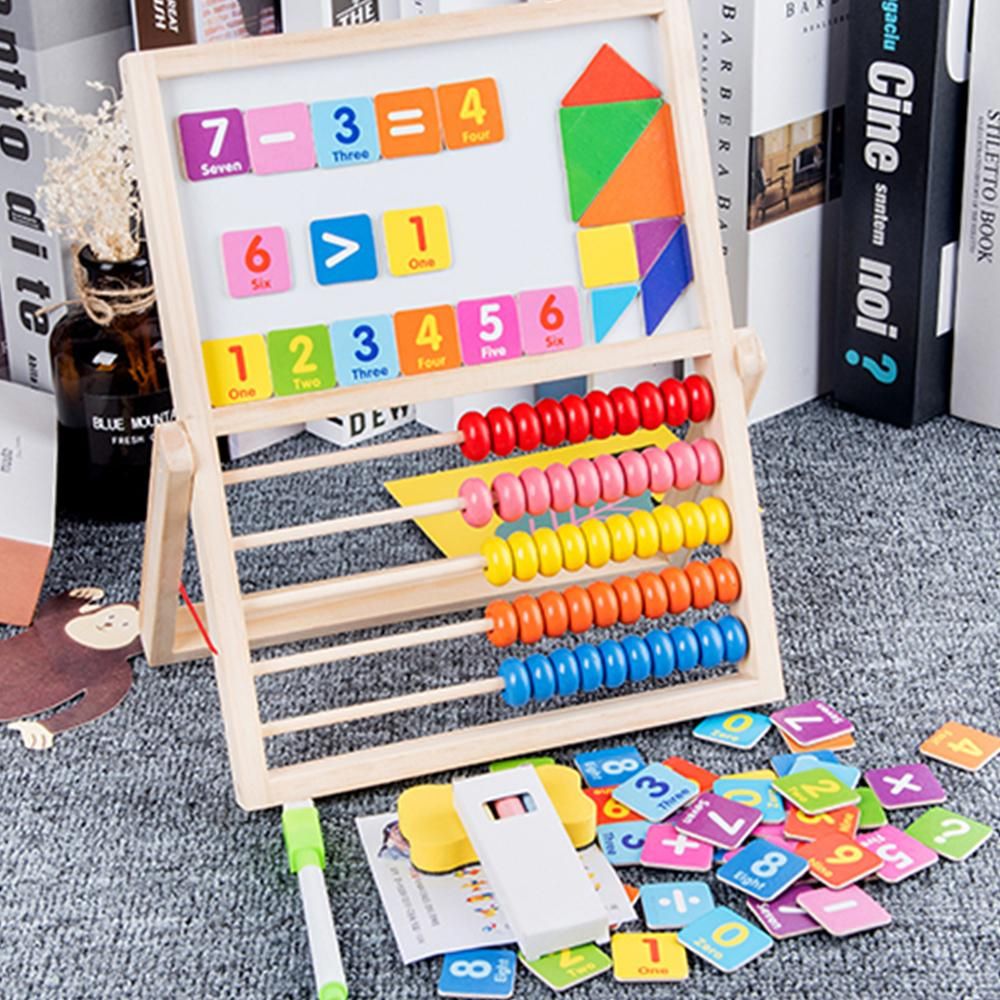 Multi-Functional Wooden Abacus Tool with Double-Sided Drawing Board Seven-Piece Puzzle for Kids Toddlers Preschoolers