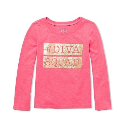 Girls Long Sleeve Glitter 'hashtag Diva Squad' Top- Coral Neon Berry
