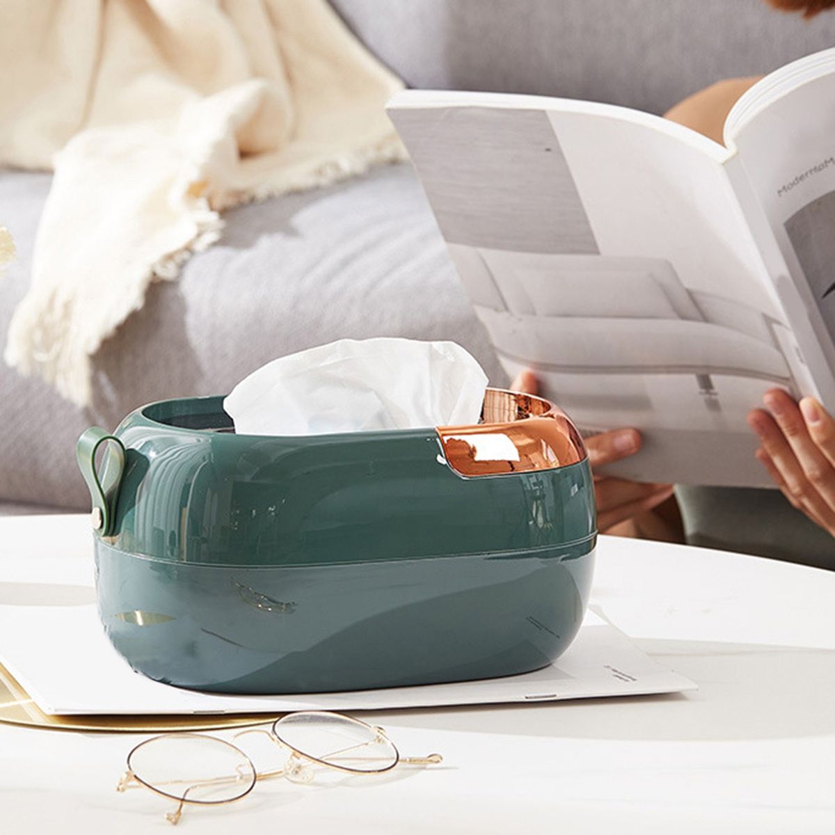 Facial Tissue Holder Space Saving Paper Tissue Box Green Gold