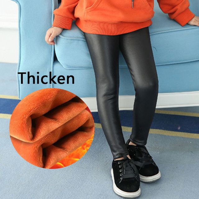 Children Leggings Faux Pu Leather For Girls Side Stripe Golden Velvet Leggings