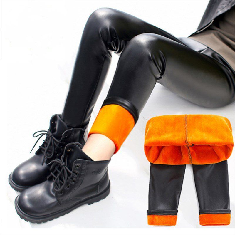 Children Leggings Faux Pu Leather For Girls Side Stripe Golden Velvet Leggings