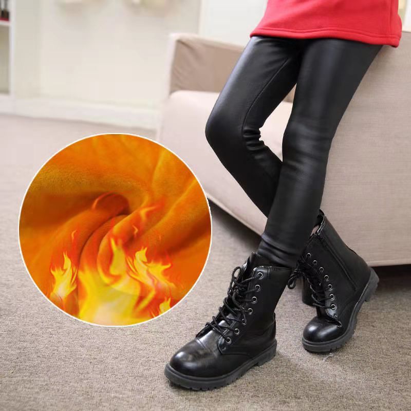 Children Leggings Faux Pu Leather For Girls Side Stripe Golden Velvet Leggings