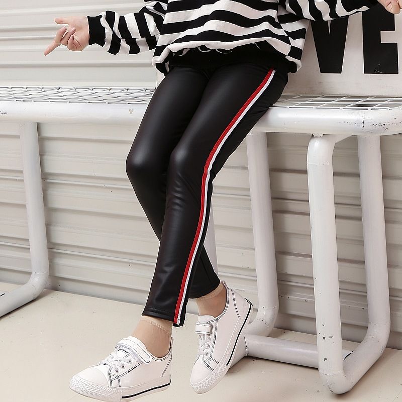 Children Leggings Faux Pu Leather For Girls Side Stripe Golden Velvet Leggings