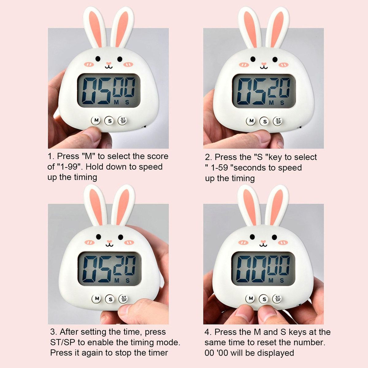Digital Cartoon Rabbit Kitchen Manual Reminder Clock White