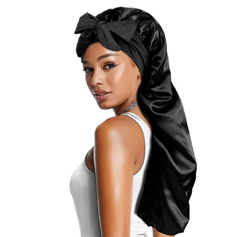 Women long elastic satin Bonnet Sleeping Cap Ribbon Breathable sleeping cap