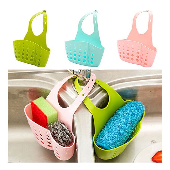 Sink Sponge Holder 2 Bags Holes Tap Hanging Strainer Organizer Storage Rack-Blue