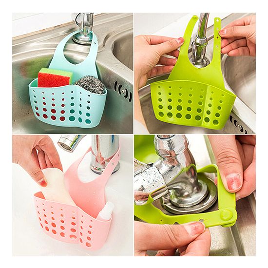 Sink Sponge Holder 2 Bags Holes Tap Hanging Strainer Organizer Storage Rack-Blue
