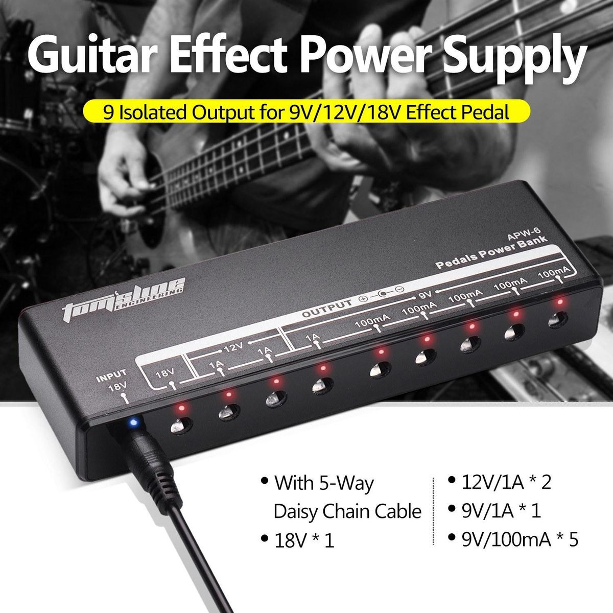 Guitar Effect Power Supply 9 Isolated Output for 9V/12V/18V Effect Pedal with 5-Way Daisy Chain Cable and Power Cables