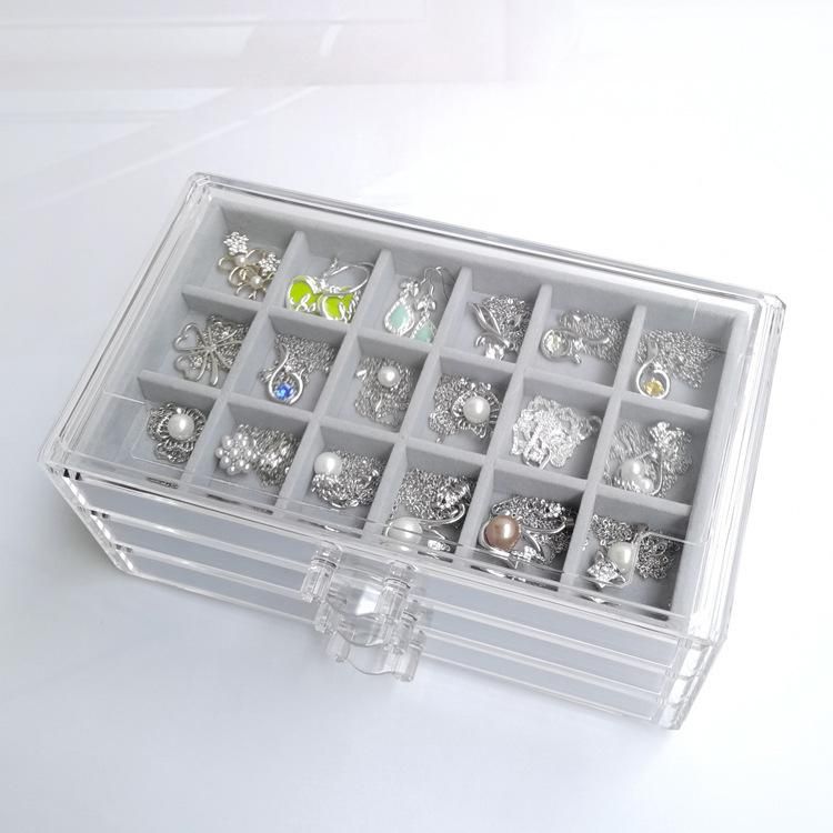 Three-drawing multi-grid acrylic velvet storage box jewelry necklace finishing box earrings ring display stand velvet tray gray