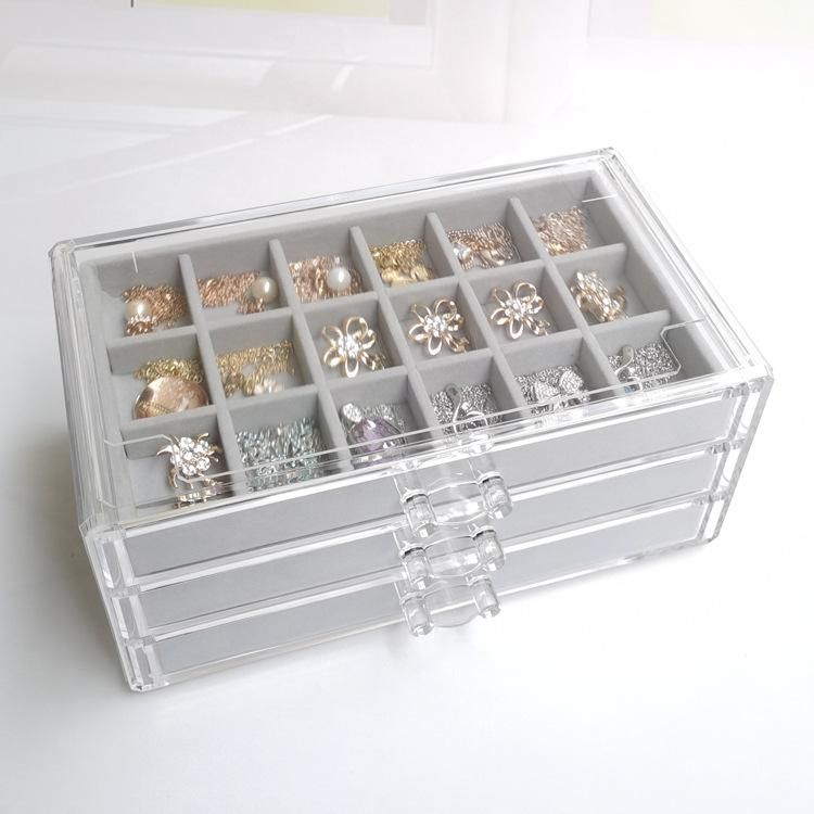 Three-drawing multi-grid acrylic velvet storage box jewelry necklace finishing box earrings ring display stand velvet tray gray