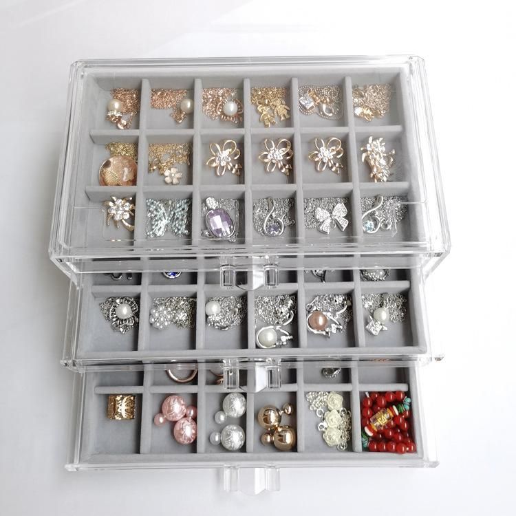 Three-drawing multi-grid acrylic velvet storage box jewelry necklace finishing box earrings ring display stand velvet tray gray