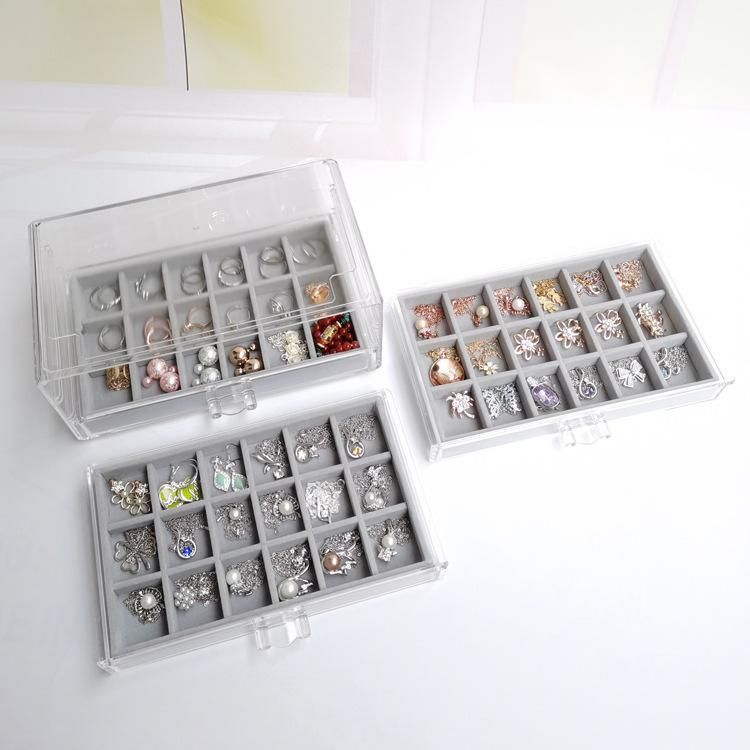 Three-drawing multi-grid acrylic velvet storage box jewelry necklace finishing box earrings ring display stand velvet tray gray