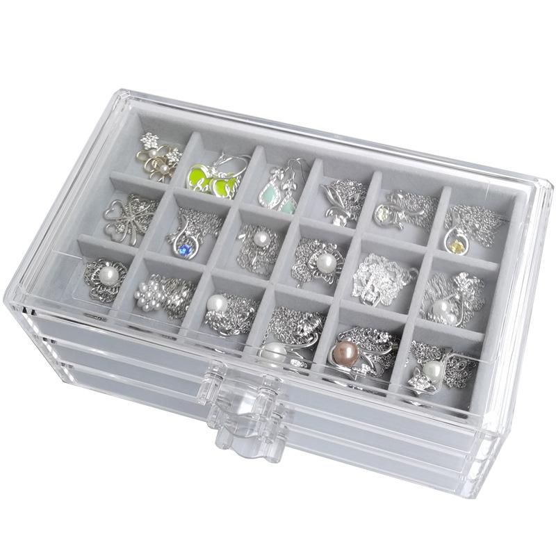 Three-drawing multi-grid acrylic velvet storage box jewelry necklace finishing box earrings ring display stand velvet tray gray