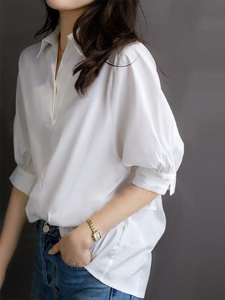 Solid Button Lapel Split Half Sleeve Casual Blouse-Wine Red