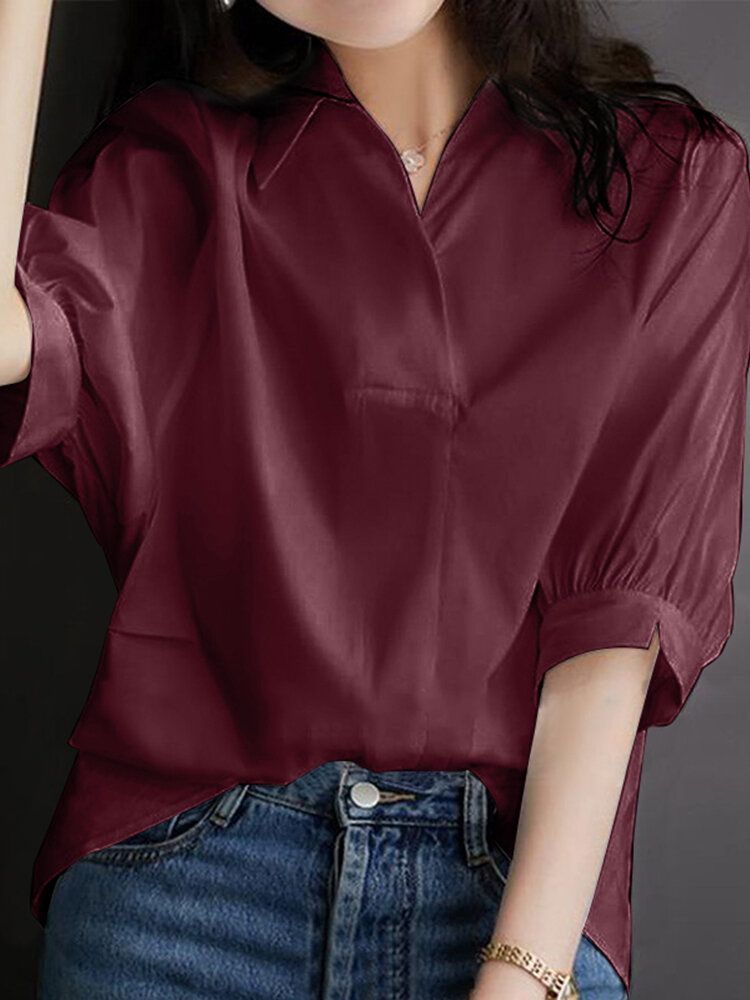Solid Button Lapel Split Half Sleeve Casual Blouse-Wine Red