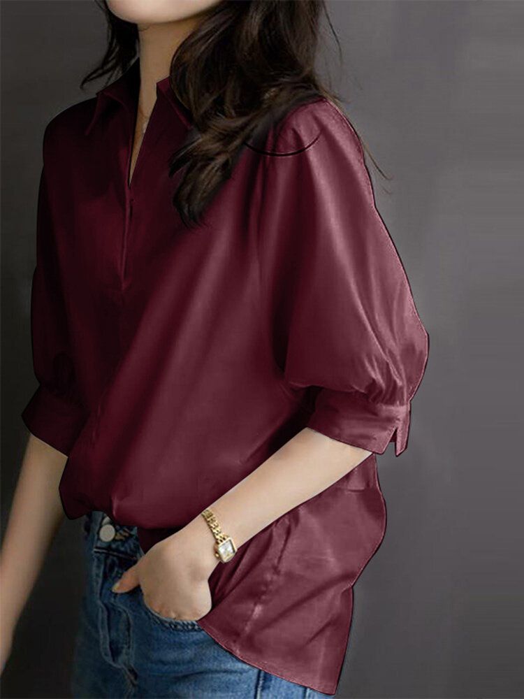 Solid Button Lapel Split Half Sleeve Casual Blouse-Wine Red