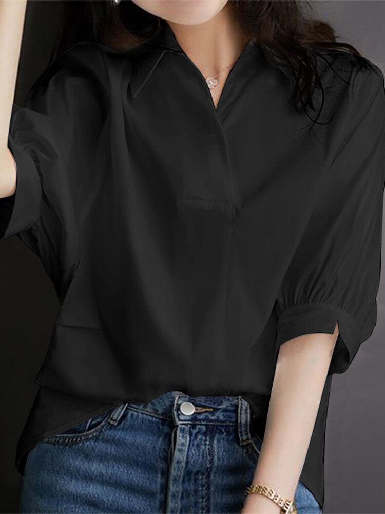 Solid Button Lapel Split Half Sleeve Casual Blouse-Wine Red