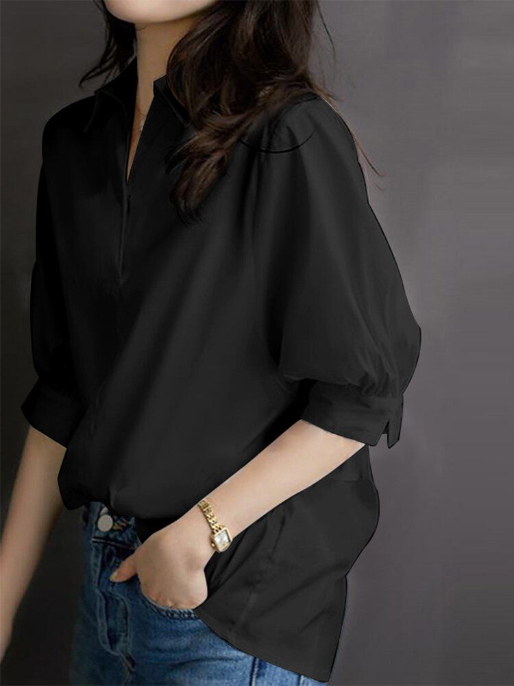 Solid Button Lapel Split Half Sleeve Casual Blouse-Wine Red