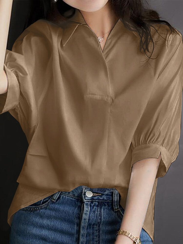 Solid Button Lapel Split Half Sleeve Casual Blouse-Wine Red