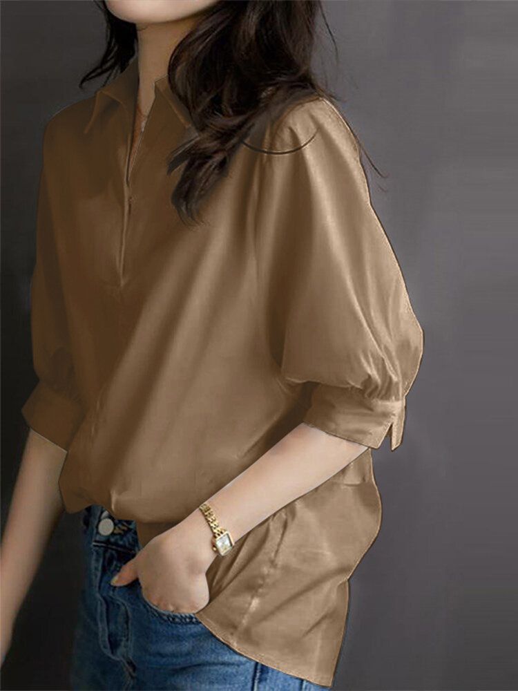 Solid Button Lapel Split Half Sleeve Casual Blouse-Wine Red